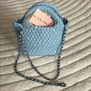 Blue Woven Handbag with Chain Strap